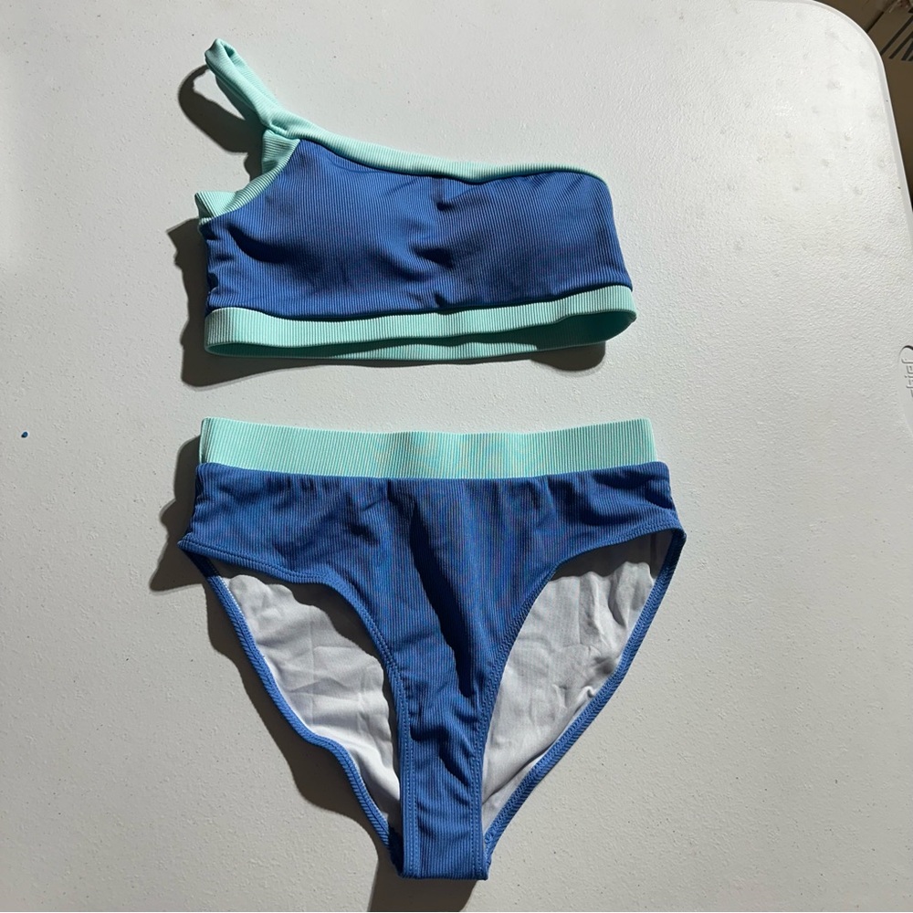 SHEIN Blue and Mint One-Shoulder Bikini